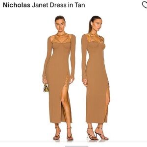 Nicholas Janet Dress in Tan.  CUT OUT SLIPT MAXI DRESS IN BROWN